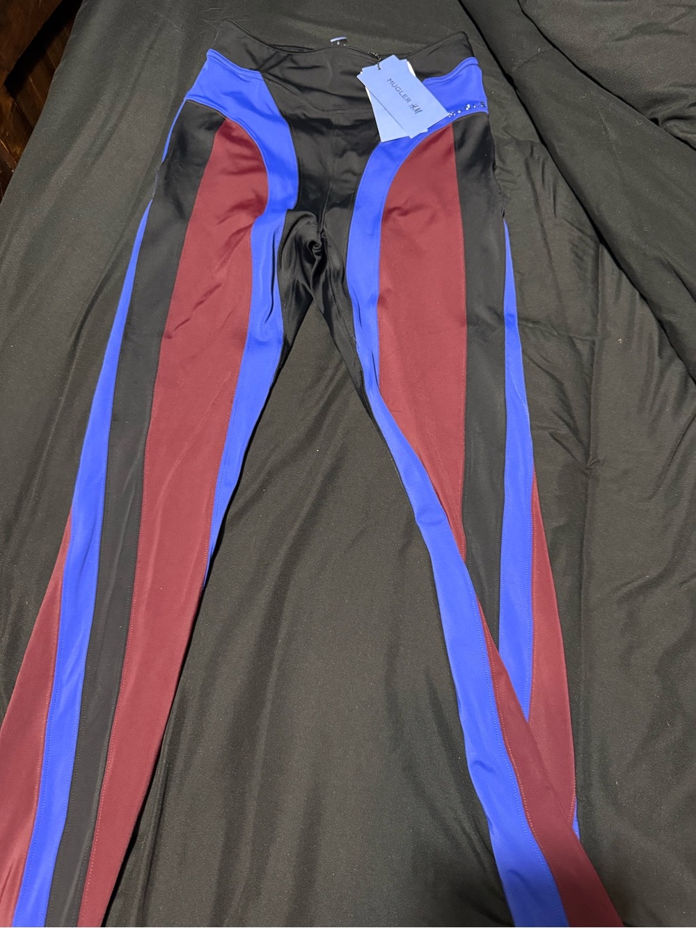 Mugler Colorblock leggings in Black, Blue & Burgundy